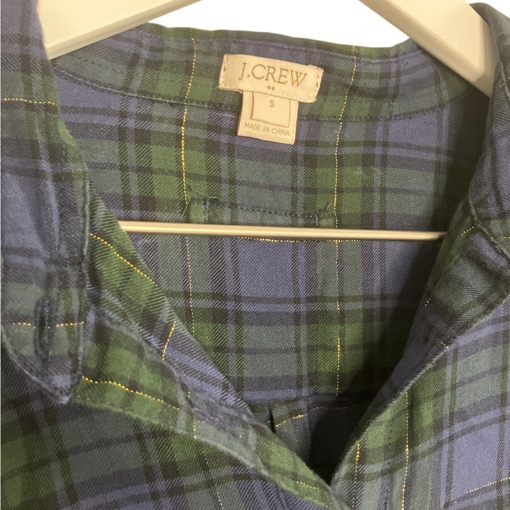 J.Crew Plaid Tunic Top S Holiday Flannel Button Up Blue Green Cozy Pocket - Picture 5 of 7